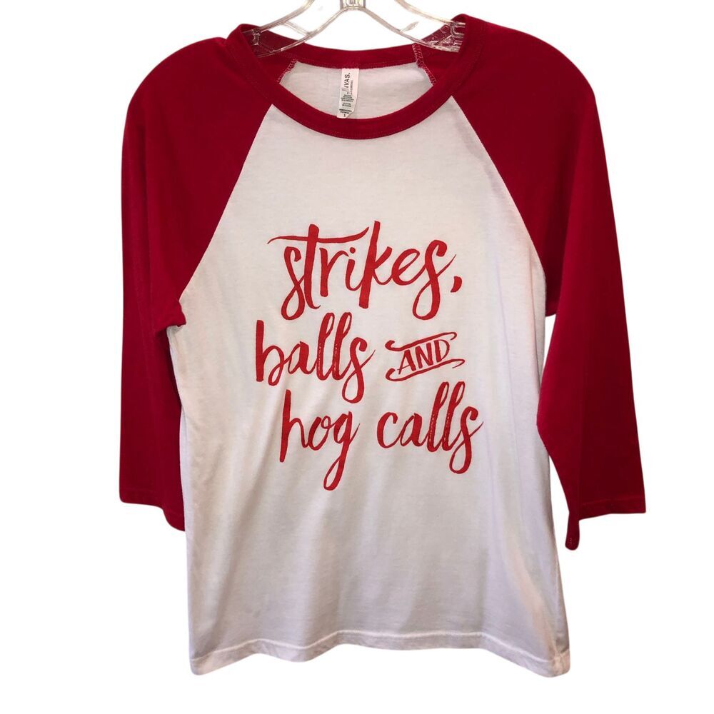 Strikes Ball Hog Calls Razorback Small Red White Baseball Ragland T Shirt Tee